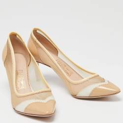 Pre Owned Salvatore Ferragamo Beige Patent And Net Pointed Toe Pumps Size 38
