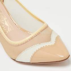 Pre Owned Salvatore Ferragamo Beige Patent And Net Pointed Toe Pumps Size 38