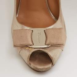 Salvatore Ferragamo Metallic Gold Nubuck Leather Vara Bow Peep Toe Pumps Size 36.5