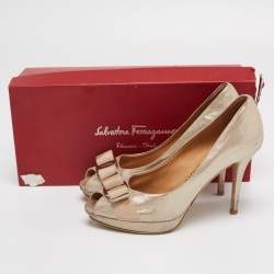 Salvatore Ferragamo Metallic Gold Nubuck Leather Vara Bow Peep Toe Pumps Size 36.5
