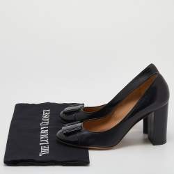 Pre Owned Salvatore Ferragamo Black Leather Bow Embellished Block Heel Pumps Size 39.5