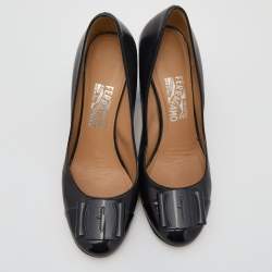 Pre Owned Salvatore Ferragamo Black Leather Bow Embellished Block Heel Pumps Size 39.5