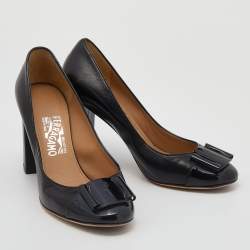 Pre Owned Salvatore Ferragamo Black Leather Bow Embellished Block Heel Pumps Size 39.5