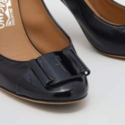 Pre Owned Salvatore Ferragamo Black Leather Bow Embellished Block Heel Pumps Size 39.5