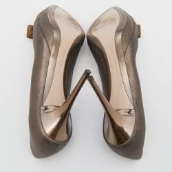 Pre Owned Salvatore Ferragamo Metallic Grey Leather Pola Vara Bow Peep Toe Platform  Pumps Size 38.5