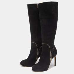 Pre Owned Salvatore Ferragamo Black Suede Zip Detail Knee Length Boots Size 39.5