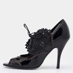 Pre Owned Salvatore Ferragamo Black Laser Cut Patent And Leather Peep Toe Booties Size 38.5
