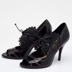 Pre Owned Salvatore Ferragamo Black Laser Cut Patent And Leather Peep Toe Booties Size 38.5