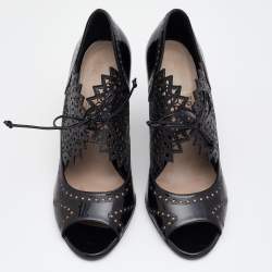 Pre Owned Salvatore Ferragamo Black Laser Cut Patent And Leather Peep Toe Booties Size 38.5
