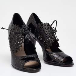 Pre Owned Salvatore Ferragamo Black Laser Cut Patent And Leather Peep Toe Booties Size 38.5