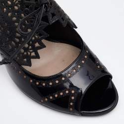 Pre Owned Salvatore Ferragamo Black Laser Cut Patent And Leather Peep Toe Booties Size 38.5