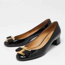 Salvatore Ferragamo Black Patent Leather Ninna Block Heel Pumps