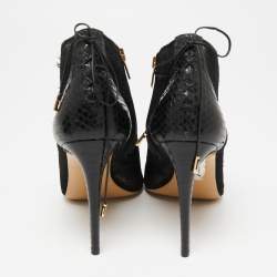 Pre Owned Salvatore Ferragamo Black Lace and Python Leather Nufus Open Toe Ankle Booties Size 40.5 