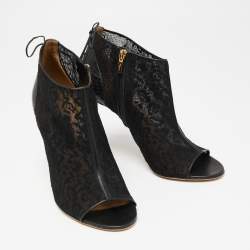 Pre Owned Salvatore Ferragamo Black Lace and Python Leather Nufus Open Toe Ankle Booties Size 40.5 