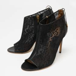 Pre Owned Salvatore Ferragamo Black Lace and Python Leather Nufus Open Toe Ankle Booties Size 40.5 