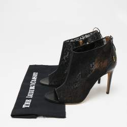 Pre Owned Salvatore Ferragamo Black Lace and Python Leather Nufus Open Toe Ankle Booties Size 40.5 