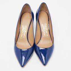 Pre Owned Salvatore Ferragamo Navy Blue Patent Leather Pointed Toe Pumps Size 36