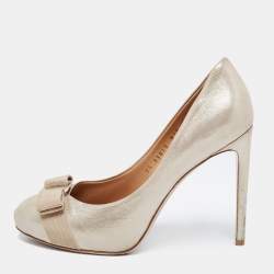 Pre Owned Salvatore Ferragamo Metallic Beige Leather Carla Vara Bow Platform Pumps Size 38