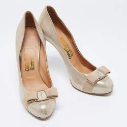 Pre Owned Salvatore Ferragamo Metallic Beige Leather Carla Vara Bow Platform Pumps Size 38