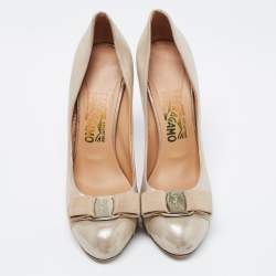 Pre Owned Salvatore Ferragamo Metallic Beige Leather Carla Vara Bow Platform Pumps Size 38