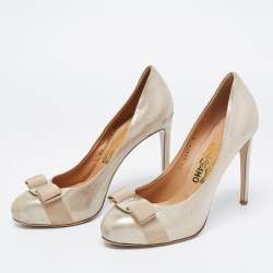 Pre Owned Salvatore Ferragamo Metallic Beige Leather Carla Vara Bow Platform Pumps Size 38