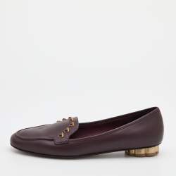 Pre Owned Salvatore Ferragamo Burgundy Leather Studded Flower Heel Loafers Size 38.5