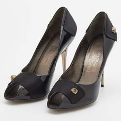 Salvatore Ferragamo Black Patent Leather and Satin Peep Toe Pumps Size 40