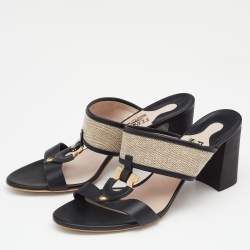 Salvatore Ferragamo Black Canvas and Leather Gancini Slides Size 39.5
