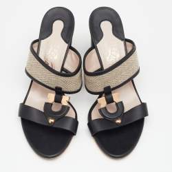 Salvatore Ferragamo Black Canvas and Leather Gancini Slides Size 39.5