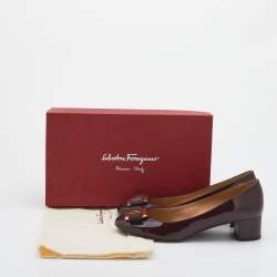 Pre Owned Salvatore Ferragamo Burgundy Patent Leather Bow Block Heel Pumps Size 39.5