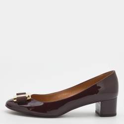 Pre Owned Salvatore Ferragamo Burgundy Patent Leather Bow Block Heel Pumps Size 39.5