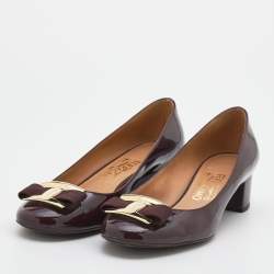 Pre Owned Salvatore Ferragamo Burgundy Patent Leather Bow Block Heel Pumps Size 39.5