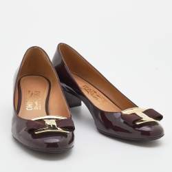 Pre Owned Salvatore Ferragamo Burgundy Patent Leather Bow Block Heel Pumps Size 39.5