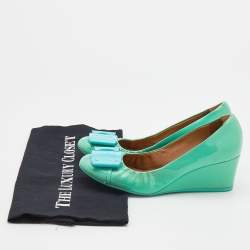 Pre Owned Salvatore Ferragamo Mint Green Patent Leather Silda Vara Plaque Wedge Pumps Size 36