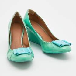 Pre Owned Salvatore Ferragamo Mint Green Patent Leather Silda Vara Plaque Wedge Pumps Size 36