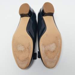 Pre Owned Salvatore Ferragamo Navy Blue Patent Leather Vara Bow Block Heel Pumps Size 37