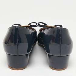 Pre Owned Salvatore Ferragamo Navy Blue Patent Leather Vara Bow Block Heel Pumps Size 37
