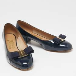 Pre Owned Salvatore Ferragamo Navy Blue Patent Leather Vara Bow Block Heel Pumps Size 37