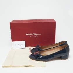 Pre Owned Salvatore Ferragamo Navy Blue Patent Leather Vara Bow Block Heel Pumps Size 37