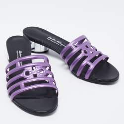 Pre Owned Salvatore Ferragamo Purple/Black Leather Finn Slide Sandals Size 39
