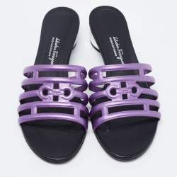 Pre Owned Salvatore Ferragamo Purple/Black Leather Finn Slide Sandals Size 39