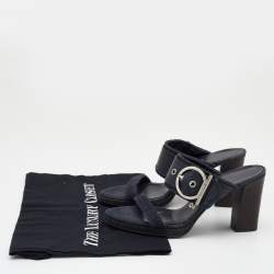 Salvatore Ferragamo Blue Leather And Denim Gancini Slide Sandals Size 36.5