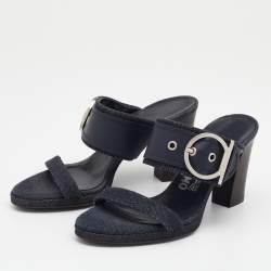 Salvatore Ferragamo Blue Leather And Denim Gancini Slide Sandals Size 36.5