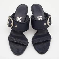 Salvatore Ferragamo Blue Leather And Denim Gancini Slide Sandals Size 36.5