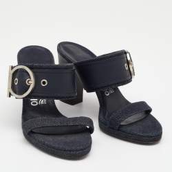 Salvatore Ferragamo Blue Leather And Denim Gancini Slide Sandals Size 36.5