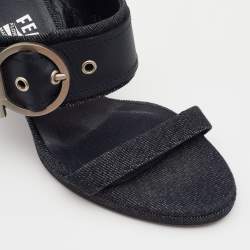 Salvatore Ferragamo Blue Leather And Denim Gancini Slide Sandals Size 36.5