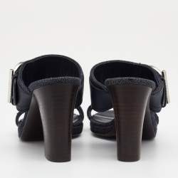 Salvatore Ferragamo Blue Leather And Denim Gancini Slide Sandals Size 36.5
