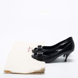Pre Owned Salvatore Ferragamo Black Leather Vara Bow Peep-Toe Pumps Size 37.5