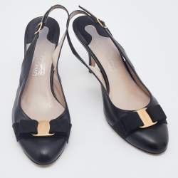 Pre Owned Salvatore Ferragamo Black Leather Vara Bow Slingback Sandals Size 39.5