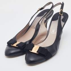 Pre Owned Salvatore Ferragamo Black Leather Vara Bow Slingback Sandals Size 39.5
